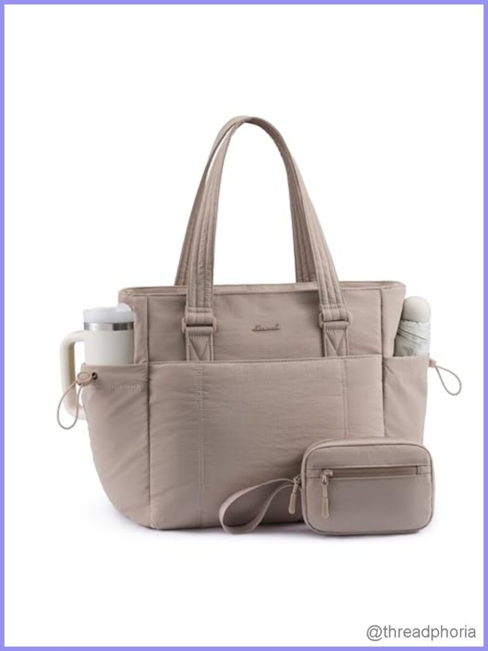 Quilted Puffer Laptop Tote Bag with Cup Holder & Clutch